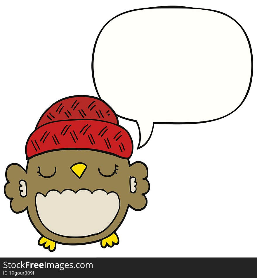 cute cartoon owl in hat and speech bubble