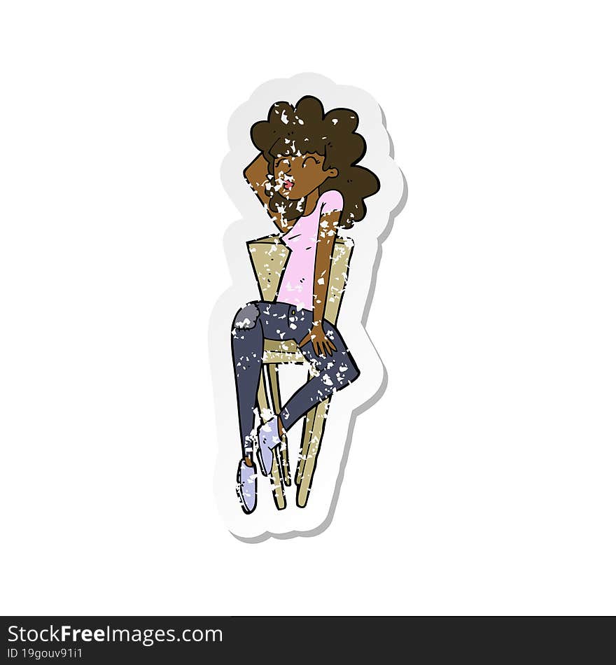 Retro Distressed Sticker Of A Cartoon Woman Posing On Chair