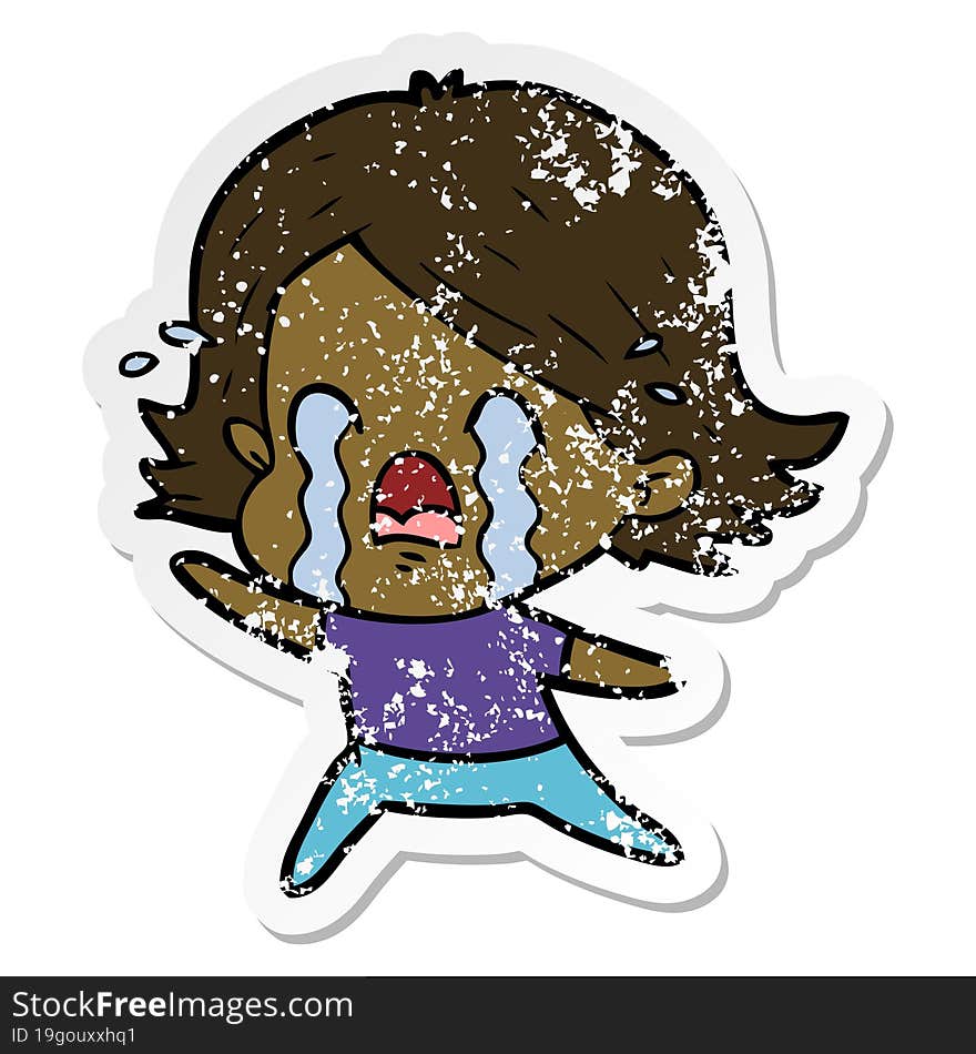 distressed sticker of a cartoon woman crying