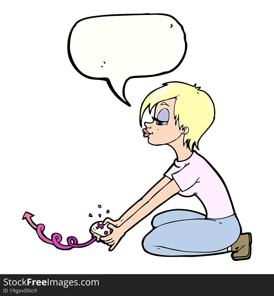 cartoon girl playing computer games with speech bubble