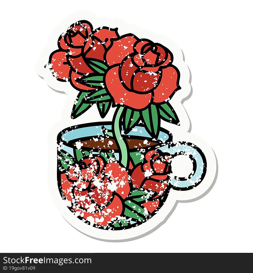 traditional distressed sticker tattoo of a cup and flowers