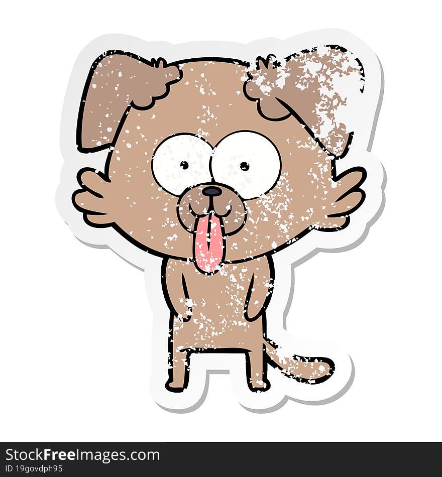 distressed sticker of a cartoon dog with tongue sticking out