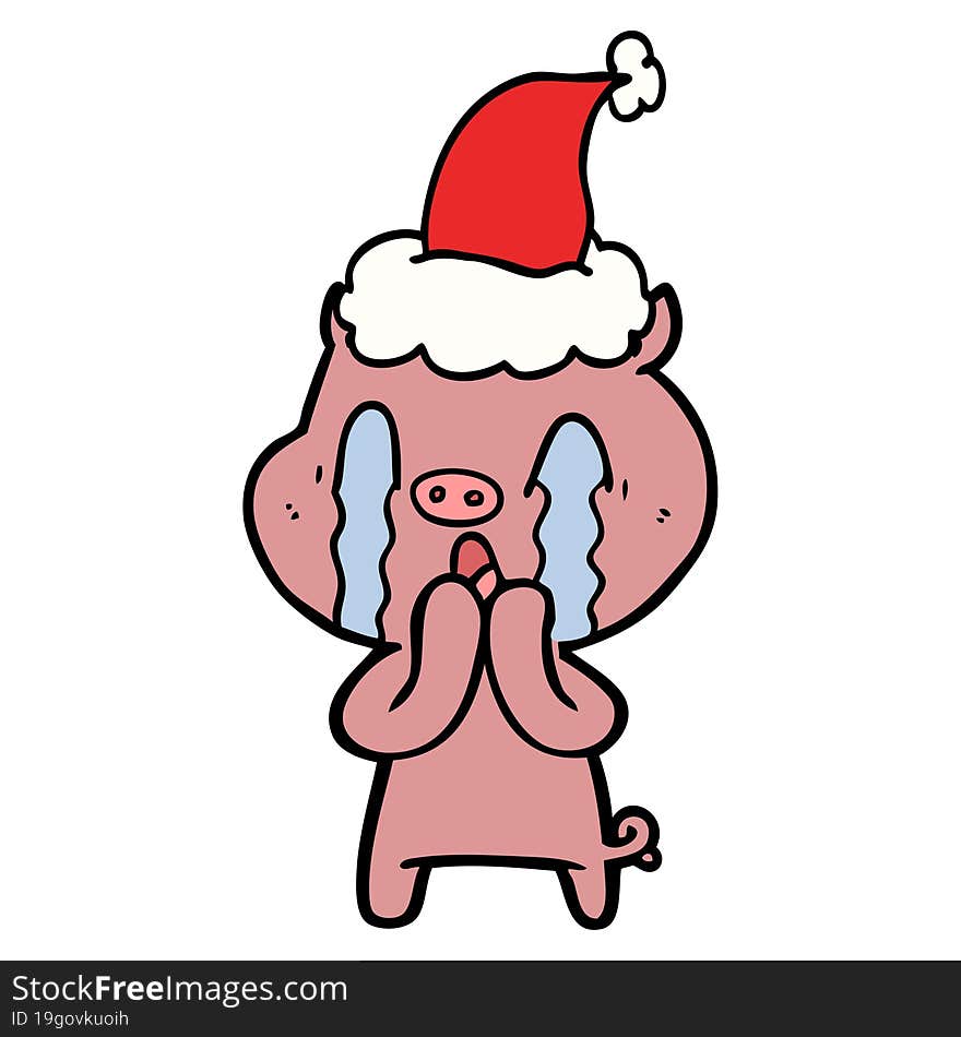 crying pig hand drawn line drawing of a wearing santa hat. crying pig hand drawn line drawing of a wearing santa hat