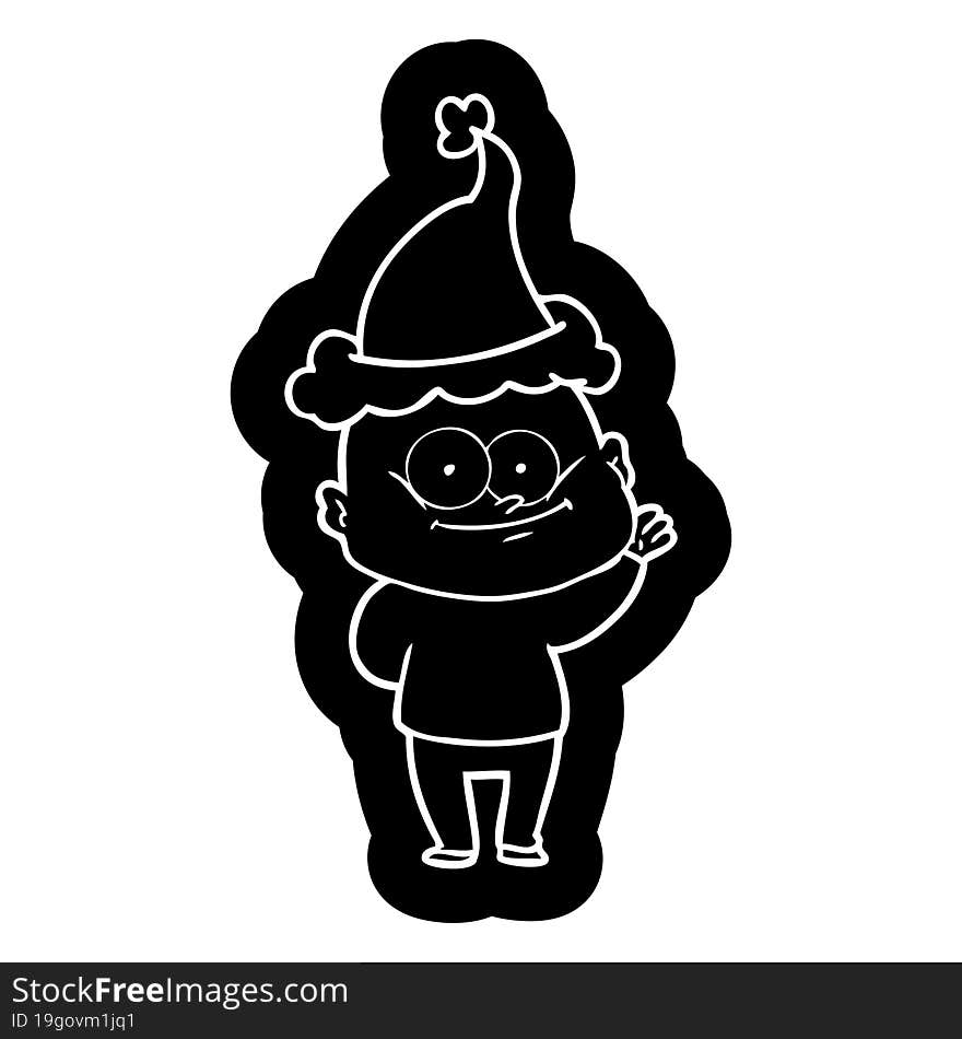 quirky cartoon icon of a bald man staring wearing santa hat