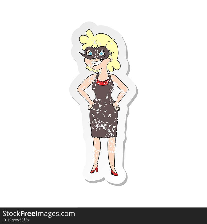 retro distressed sticker of a cartoon woman wearing mask