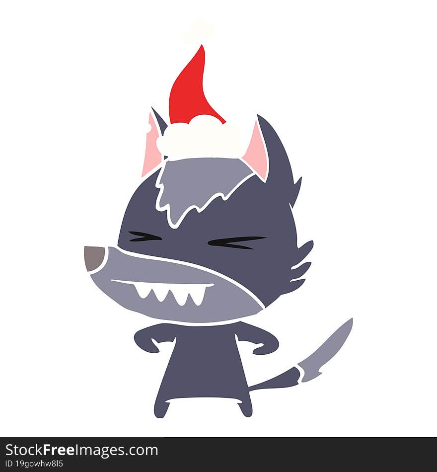 angry wolf flat color illustration of a wearing santa hat