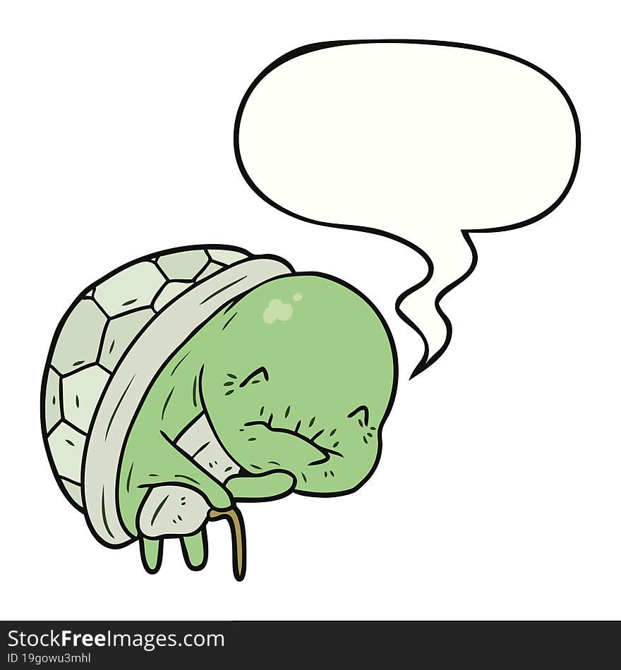 cute cartoon old turtle and walking stick and speech bubble