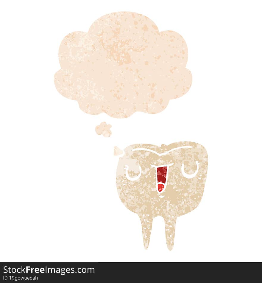 cartoon happy tooth and thought bubble in retro textured style