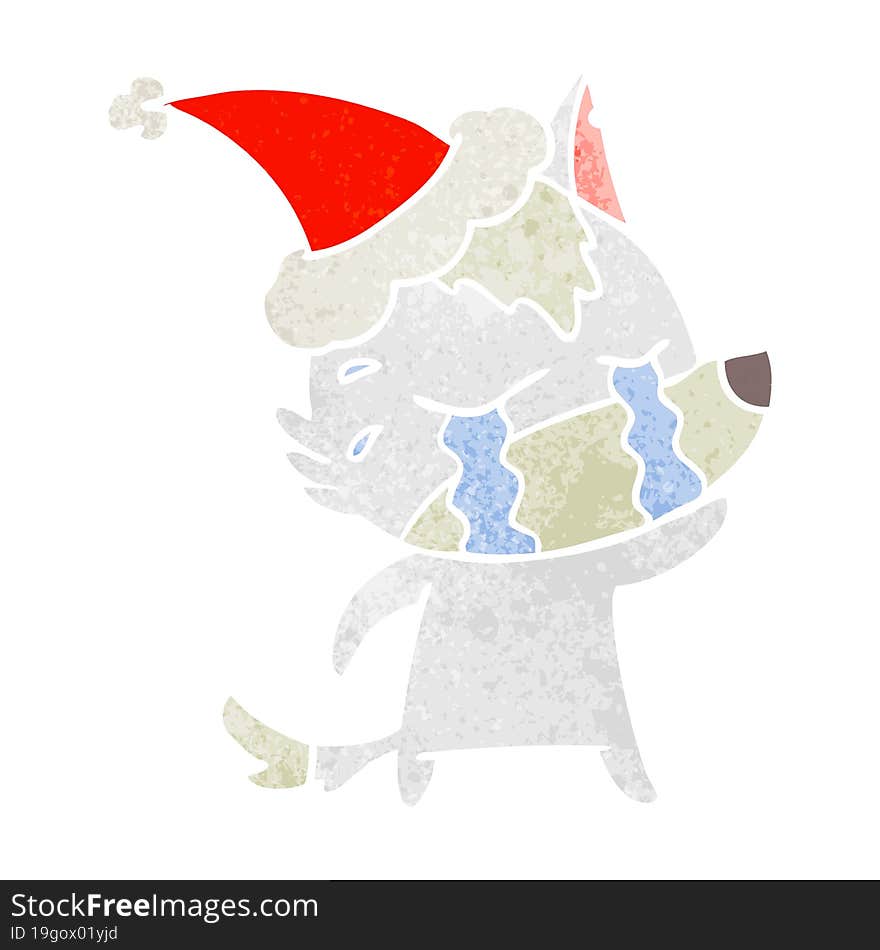 retro cartoon of a crying wolf wearing santa hat