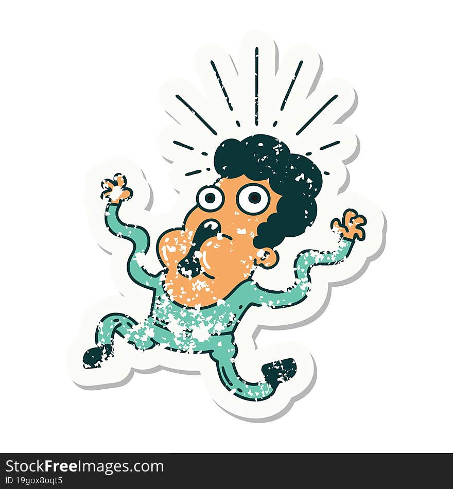 grunge sticker of tattoo style frightened man