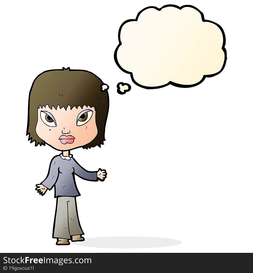 cartoon woman with open arms with thought bubble