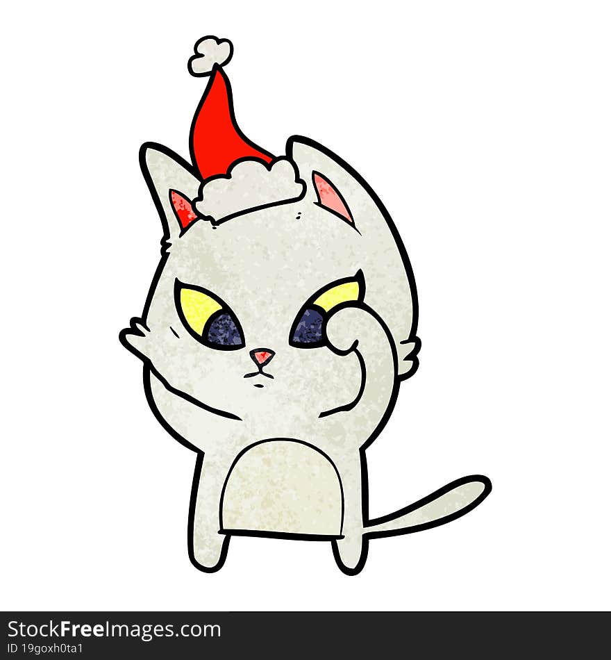 confused textured cartoon of a cat wearing santa hat