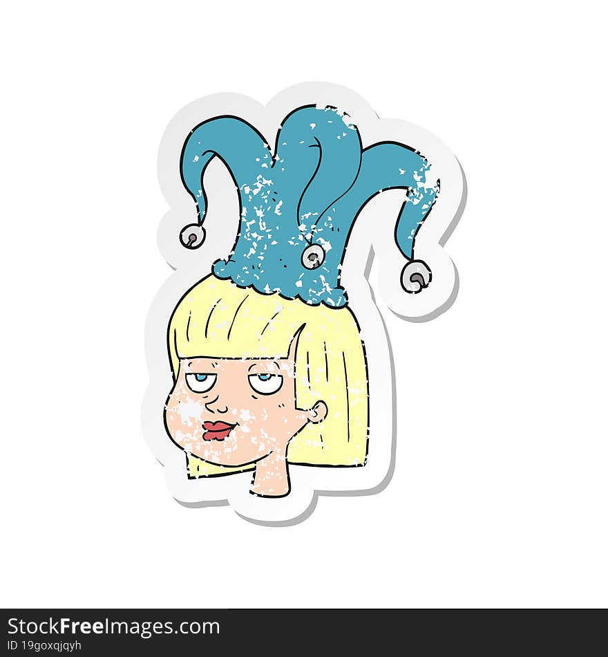 retro distressed sticker of a cartoon woman wearing jester hat