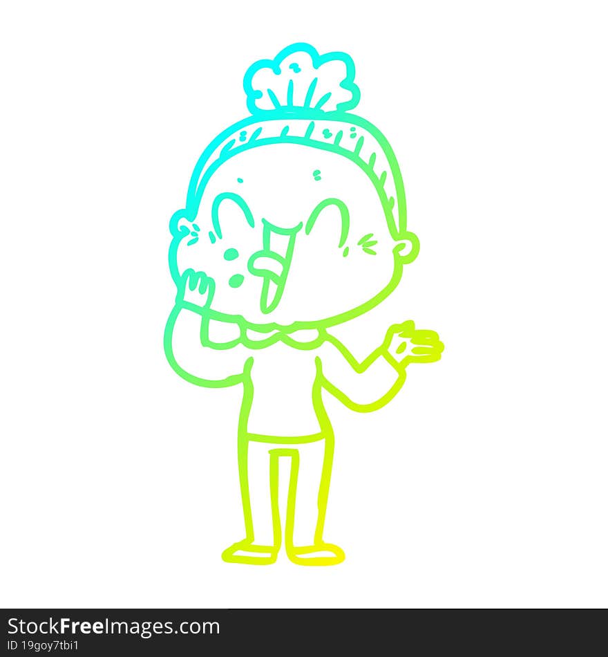 cold gradient line drawing cartoon happy old woman