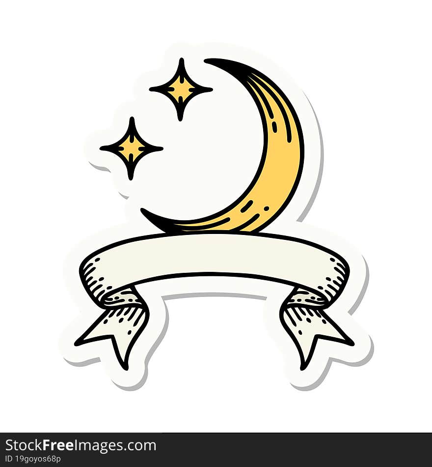 tattoo style sticker with banner of a moon and stars