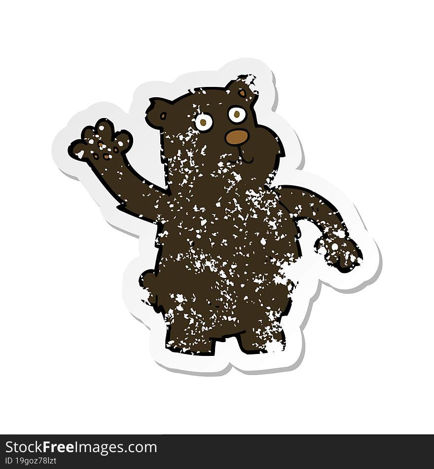 retro distressed sticker of a cartoon waving black bear