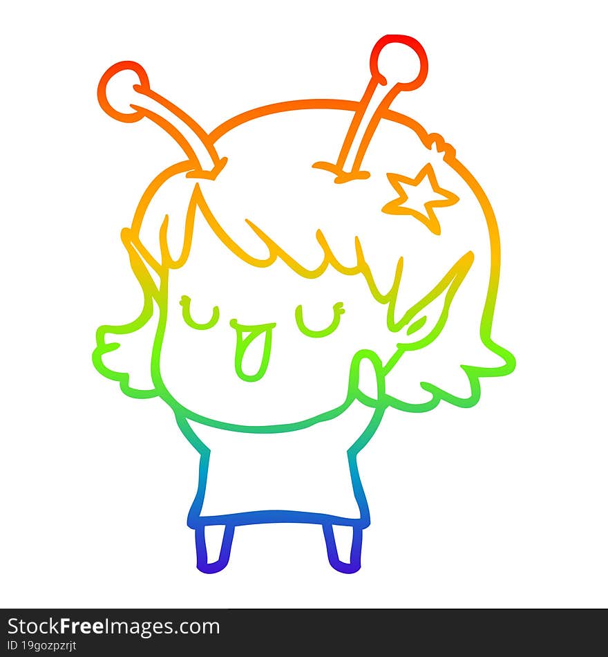 rainbow gradient line drawing of a happy alien girl cartoon laughing