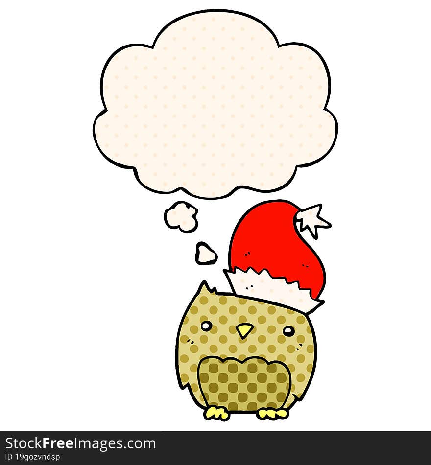 Cute Christmas Owl And Thought Bubble In Comic Book Style