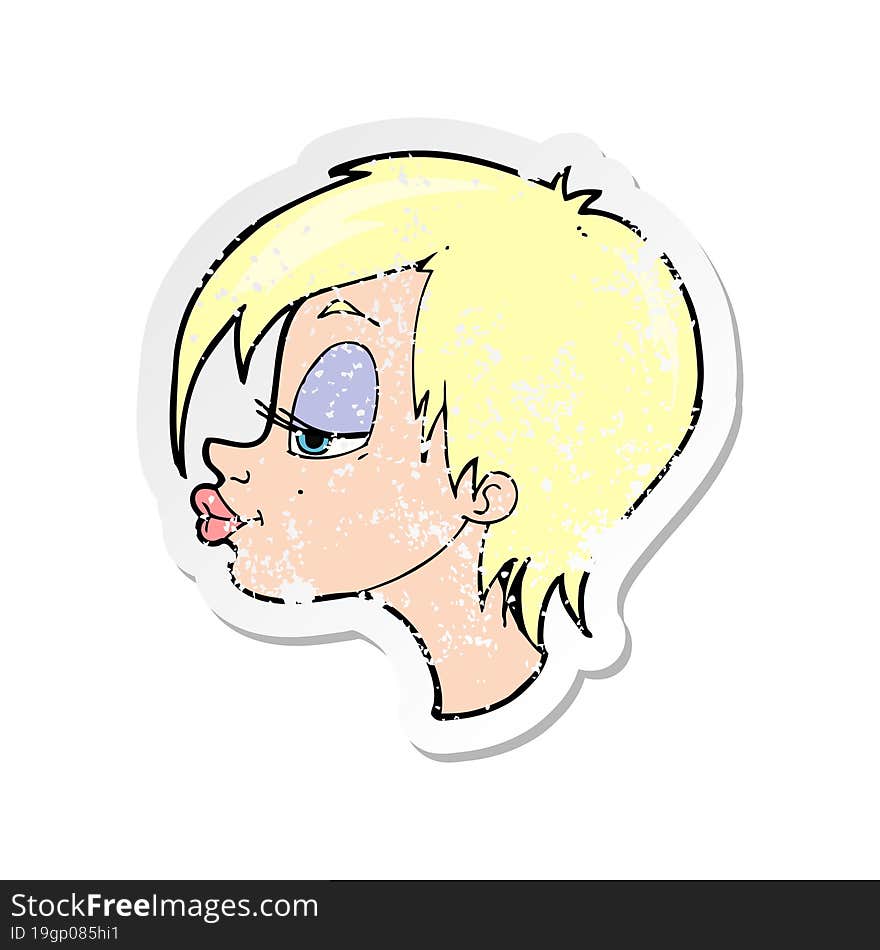 retro distressed sticker of a cartoon pretty woman