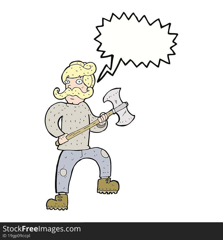 cartoon man with axe with speech bubble