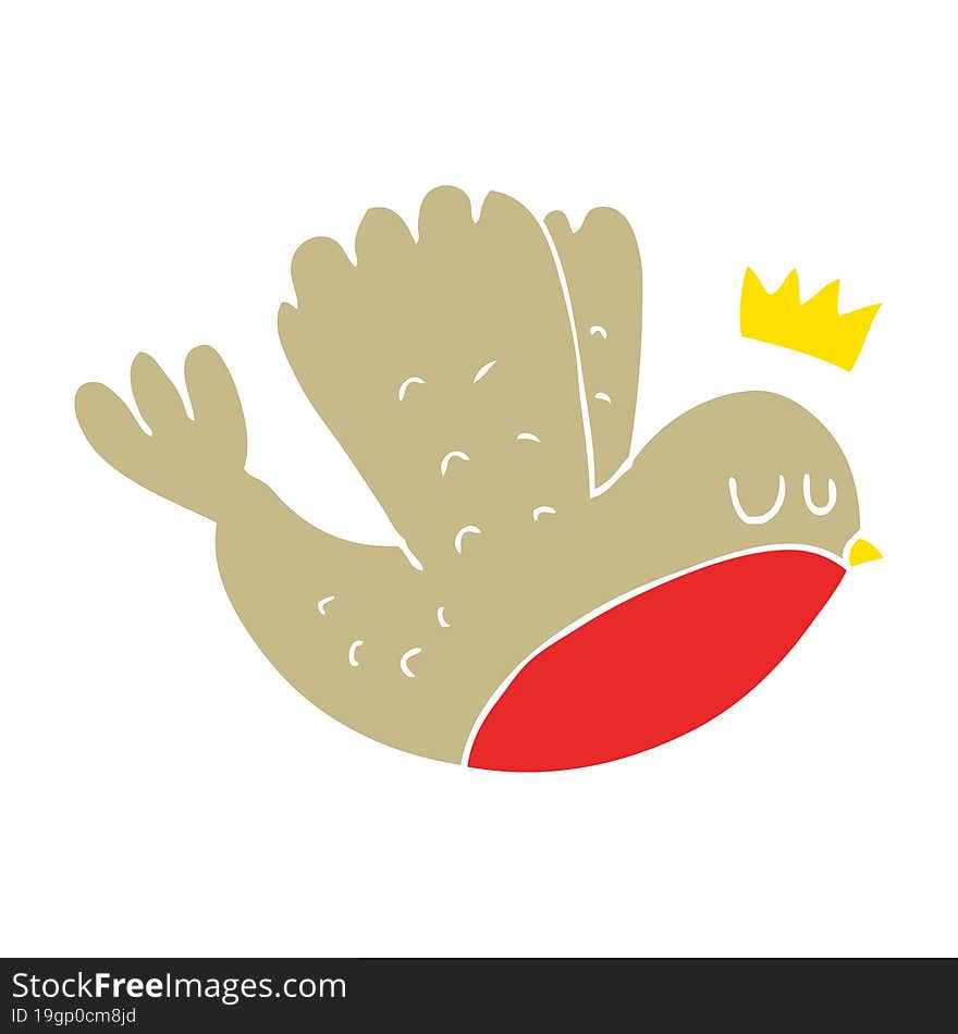 flat color illustration of a cartoon flying christmas robin with crown