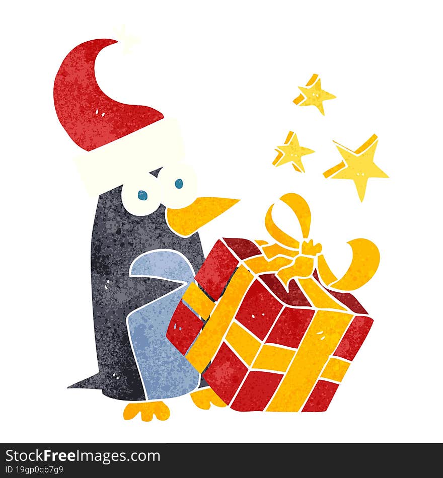 retro cartoon christmas penguin with present