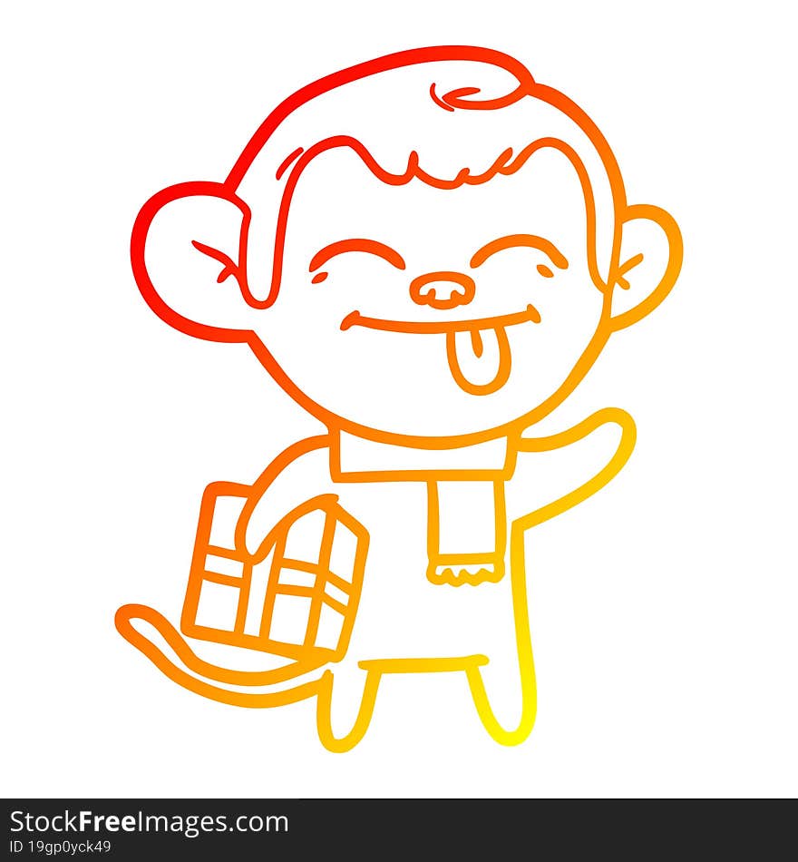 warm gradient line drawing funny cartoon monkey with christmas present