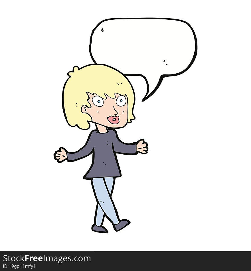 cartoon woman with open arms with speech bubble