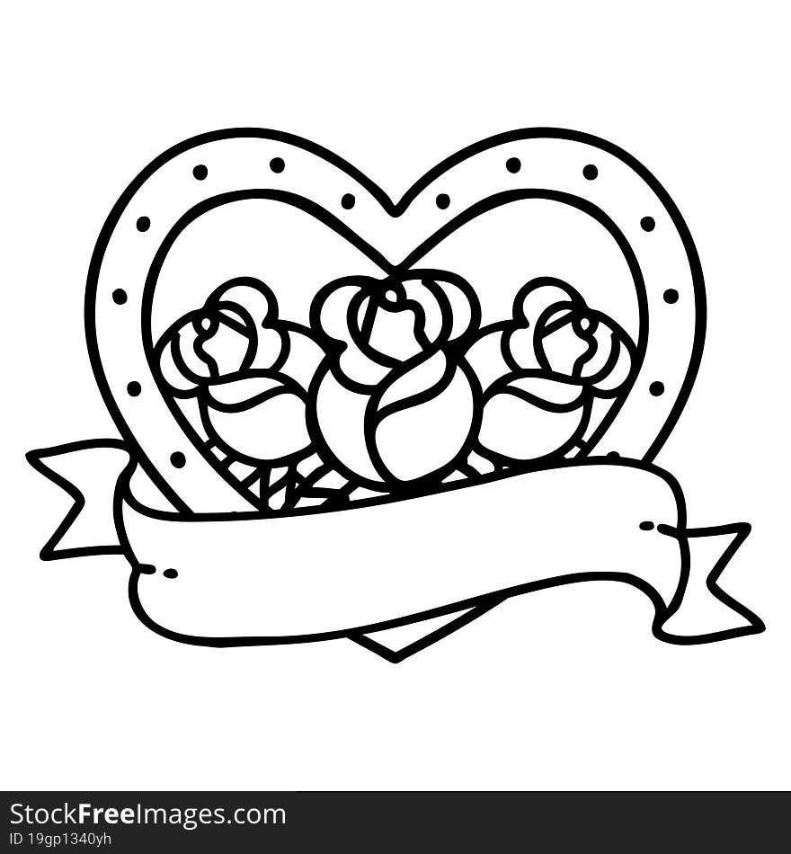 Black Line Tattoo Of A Heart And Banner With Flowers