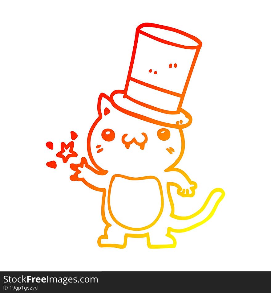 warm gradient line drawing cartoon cat wearing top hat