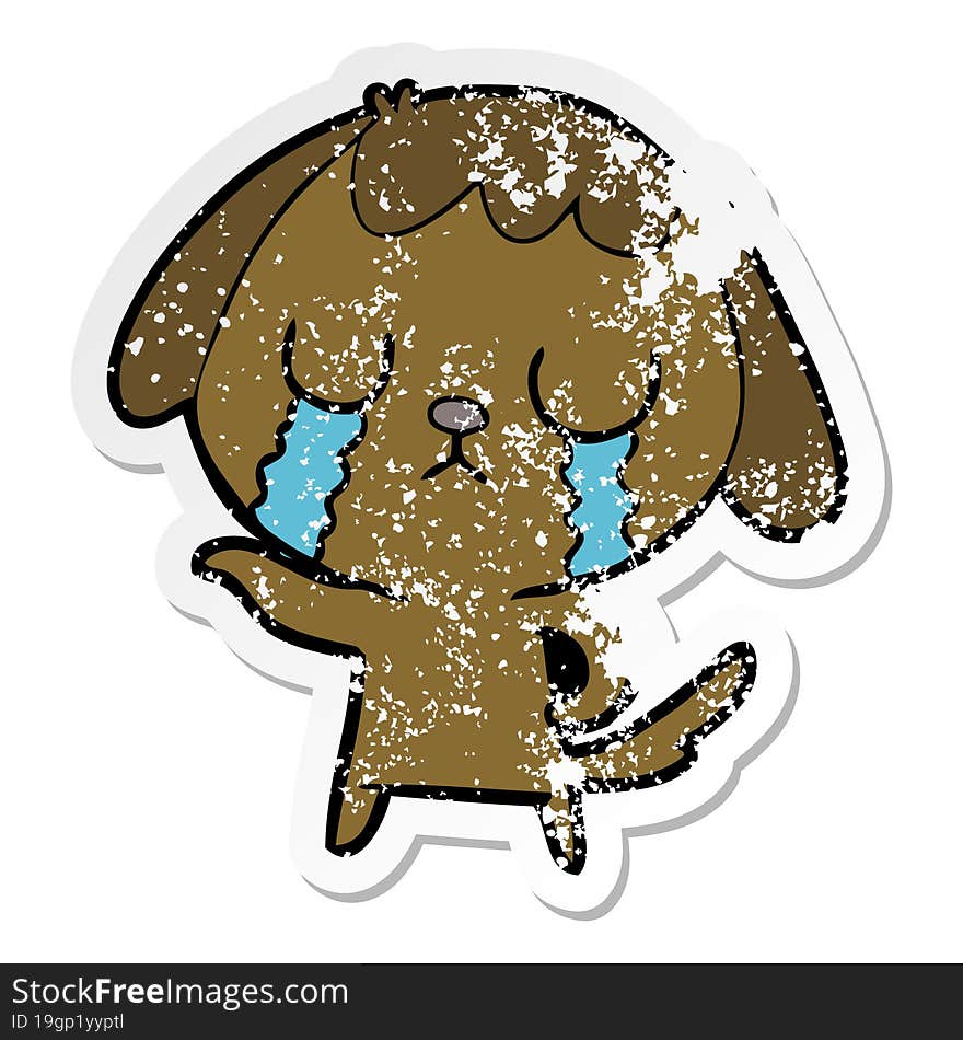 Distressed Sticker Of A Cute Cartoon Dog Crying