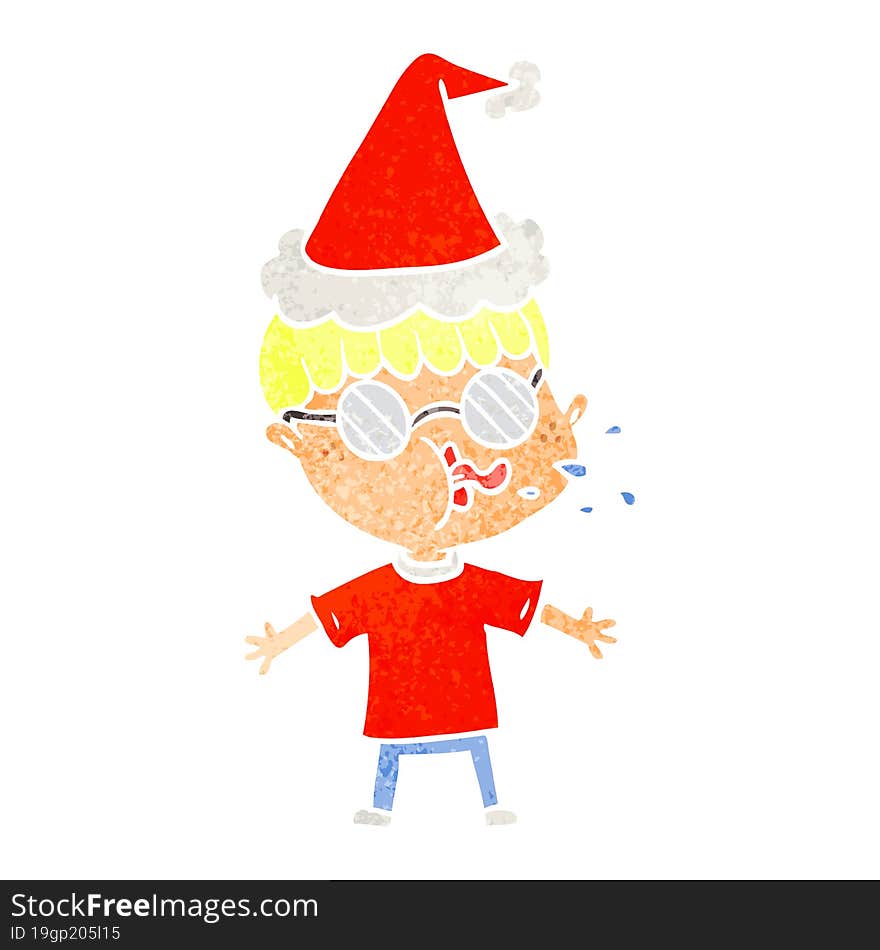 retro cartoon of a boy wearing spectacles wearing santa hat