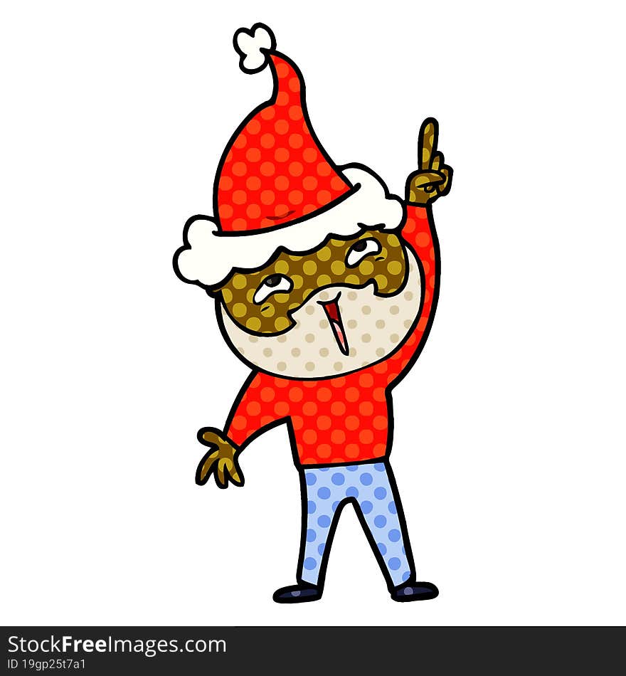 comic book style illustration of a happy bearded man wearing santa hat