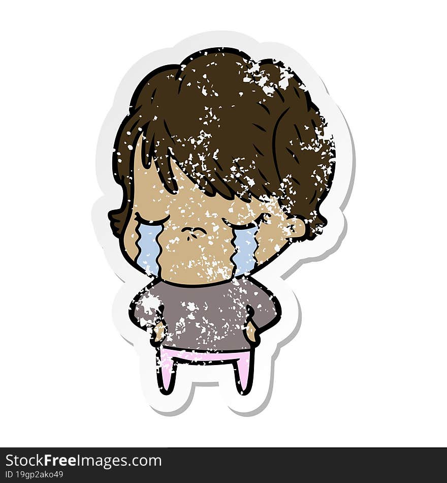 distressed sticker of a cartoon woman crying