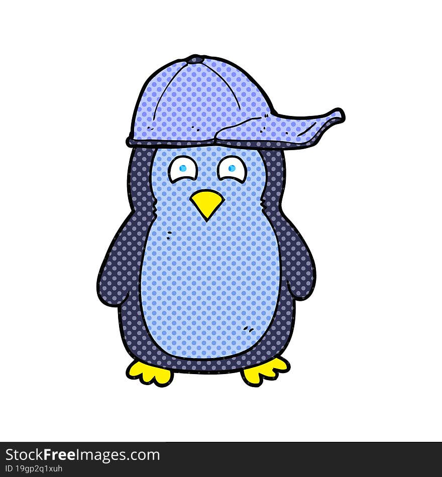 freehand drawn cartoon penguin wearing hat