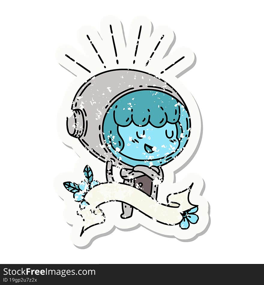 grunge sticker of tattoo style woman in astronaut suit