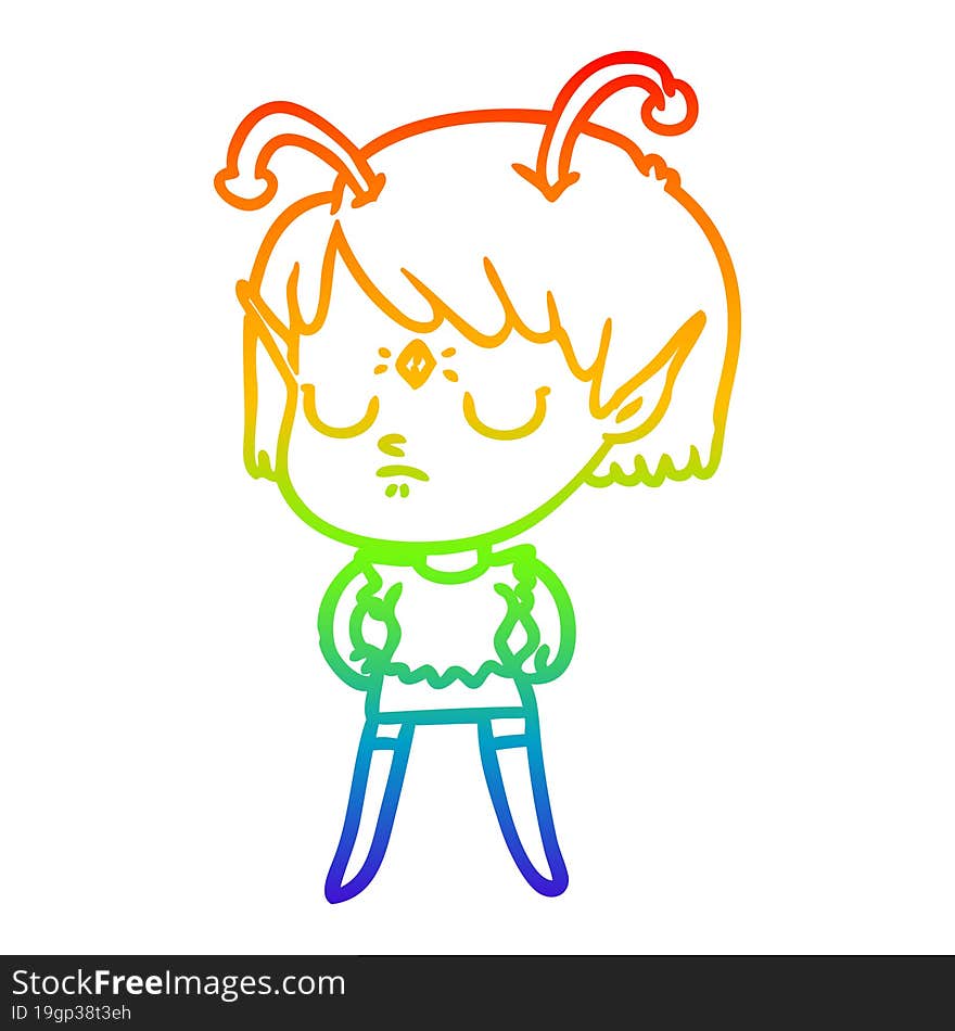 rainbow gradient line drawing of a cartoon alien girl