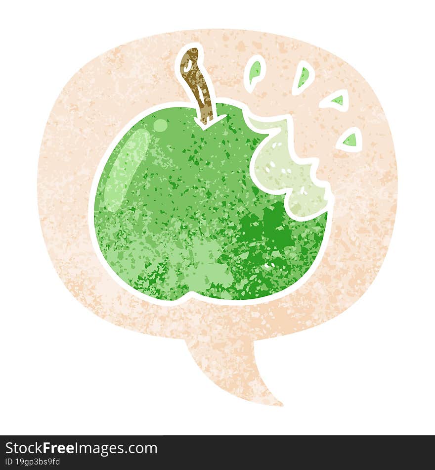 cartoon bitten apple and speech bubble in retro textured style