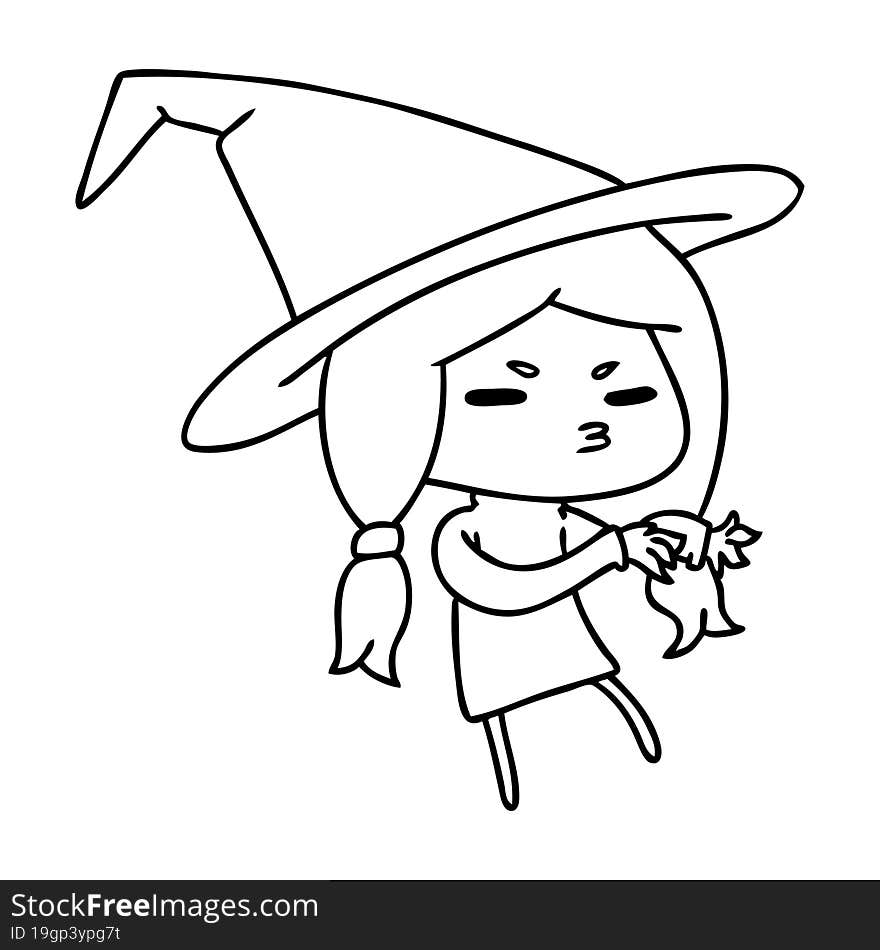 line drawing illustration of a cute witch kawaii girl. line drawing illustration of a cute witch kawaii girl