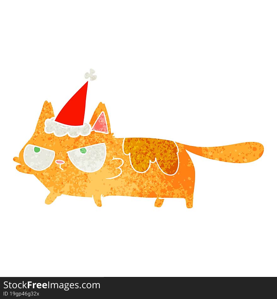 retro cartoon of a angry cat wearing santa hat