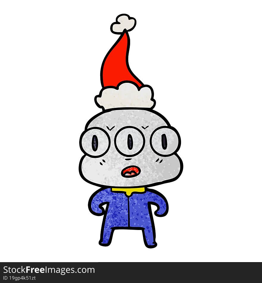 textured cartoon of a three eyed alien wearing santa hat