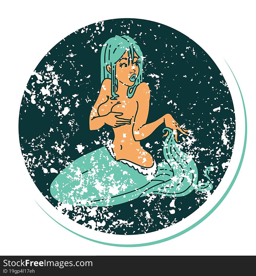 distressed sticker tattoo in traditional style of a mermaid. distressed sticker tattoo in traditional style of a mermaid