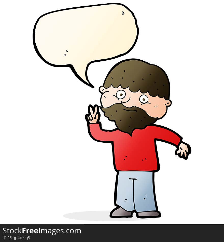 cartoon man giving peace sign with speech bubble