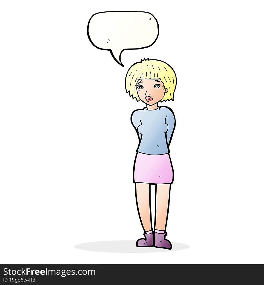 cartoon shy woman with speech bubble