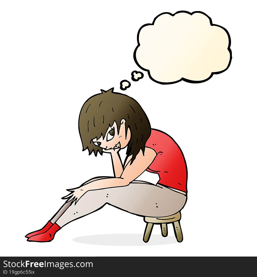 cartoon woman sitting on small stool with thought bubble