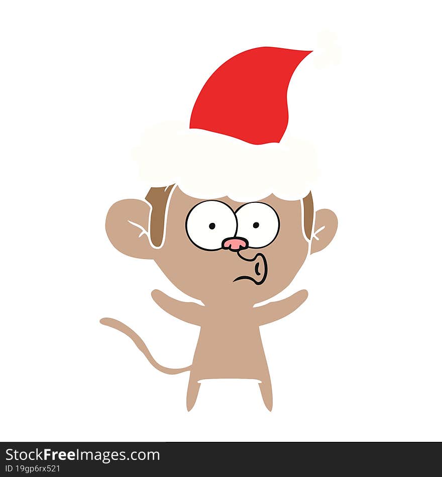 flat color illustration of a surprised monkey wearing santa hat