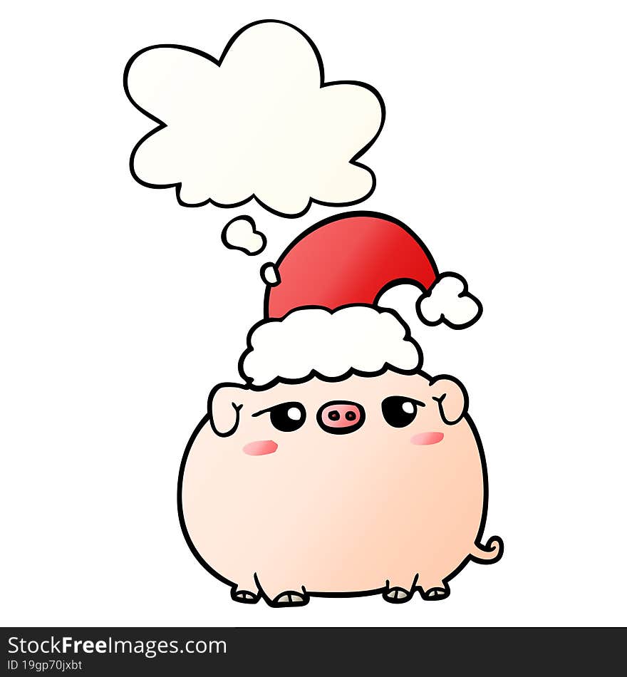 cartoon pig wearing christmas hat and thought bubble in smooth gradient style