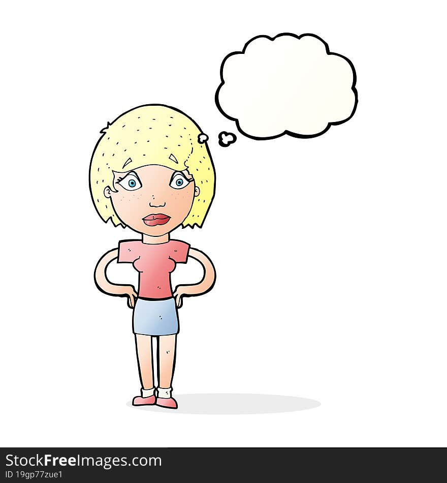 cartoon worried woman with thought bubble