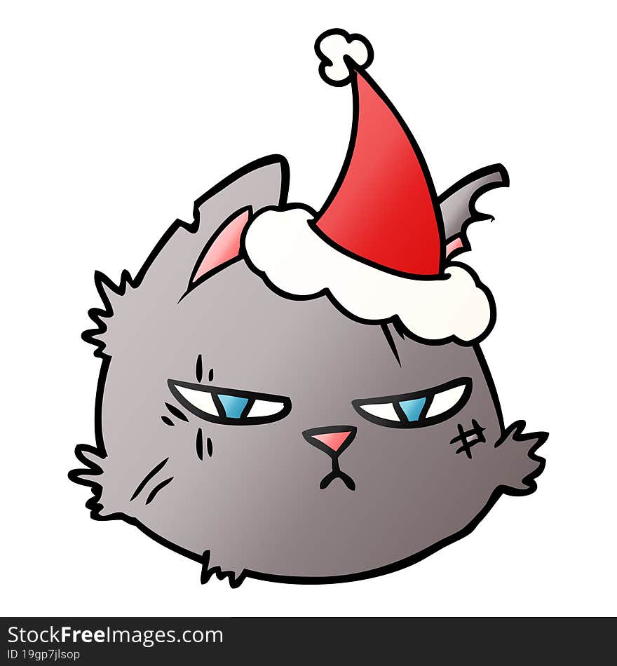 hand drawn gradient cartoon of a tough cat face wearing santa hat