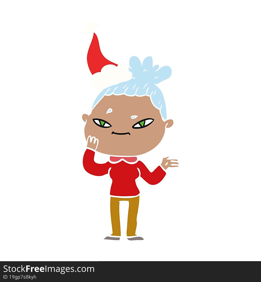 hand drawn flat color illustration of a woman wearing santa hat